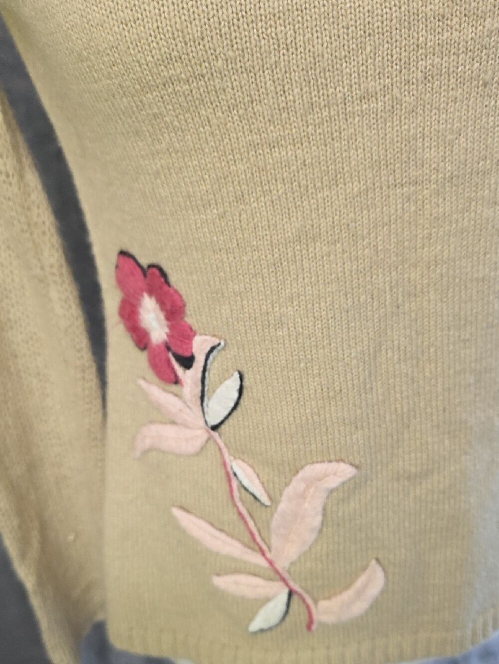 Wooden Ships Beige Crewneck Sweater with Pink Floral Appliqué - Picture 2 of 8